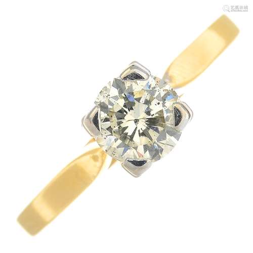 An 18ct gold brilliant-cut diamond single-stone ring.Estimated diamond weight 0.70ct,