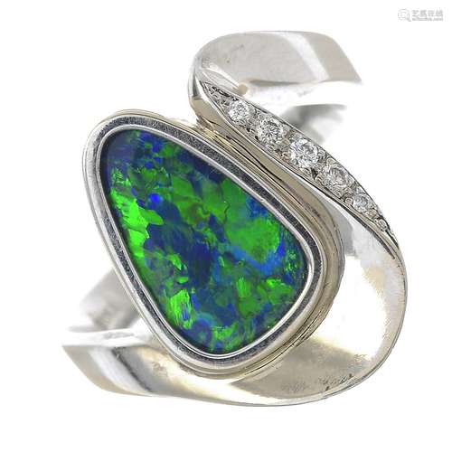 An opal and diamond dress ring.Opal weight 2.38cts.French assay marks.