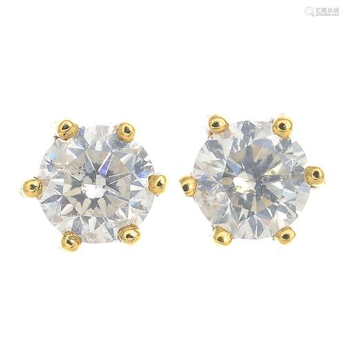 A pair of 18ct gold brilliant-cut diamond earrings.Estimated total diamond weight 1ct,