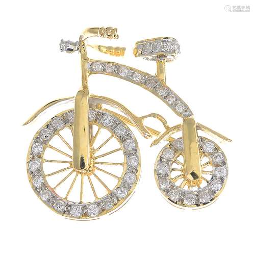 A diamond penny-farthing bicycle brooch.Estimated total diamond weight 0.40ct,