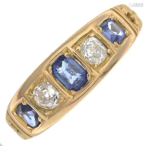 A late Victorian 18ct gold sapphire and diamond five-stone ring.Estimated total diamond weight