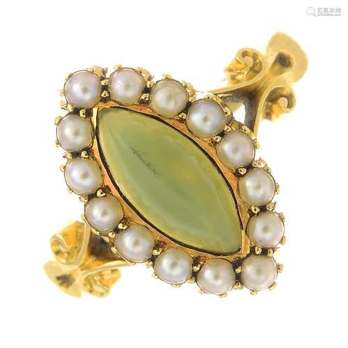 A late 19th century 18ct gold jade and split pearl ring.Stamped 18ct.Ring size O.