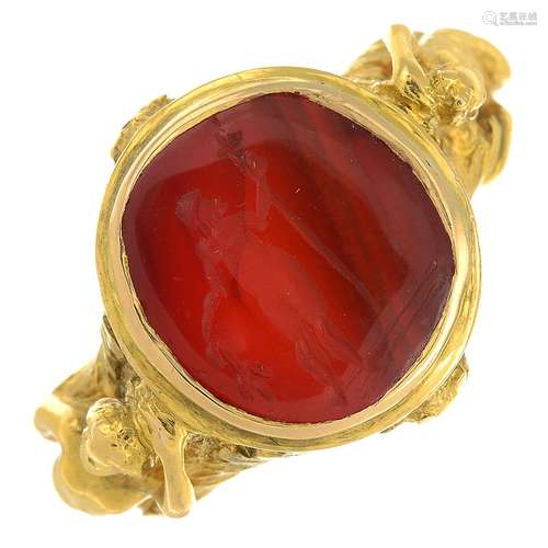 A carnelian intaglio signet ring.French assay marks.Ring size P.