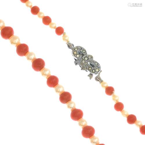 A coral and cultured pearl bead necklace,