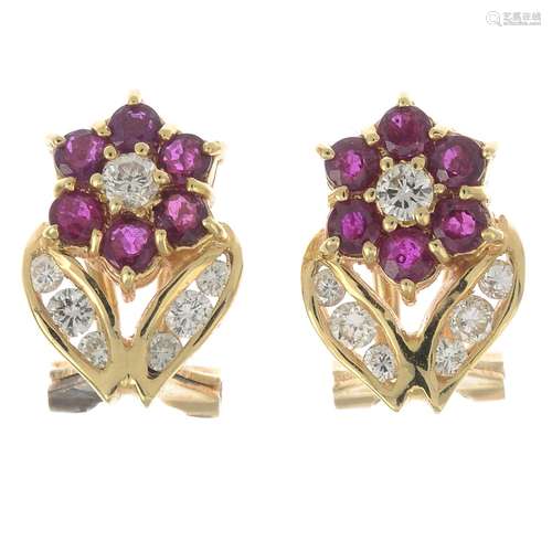 A pair of ruby and diamond floral cluster earrings.Estimated total diamond weight 0.45ct,