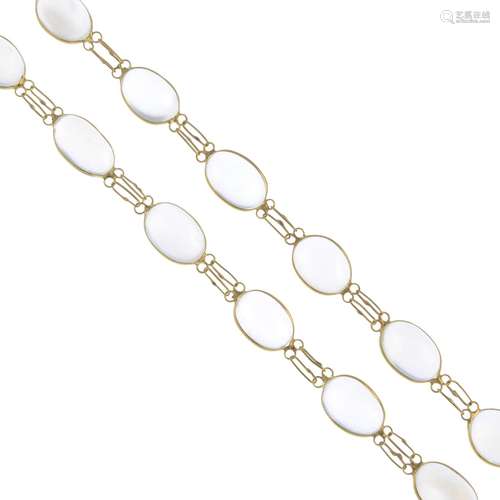 A moonstone necklace.Marked 585.Length 50cms.