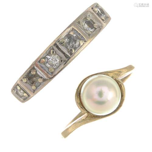 An 18ct gold diamond half eternity ring and a 9ct gold cultured pearl single-stone ring.