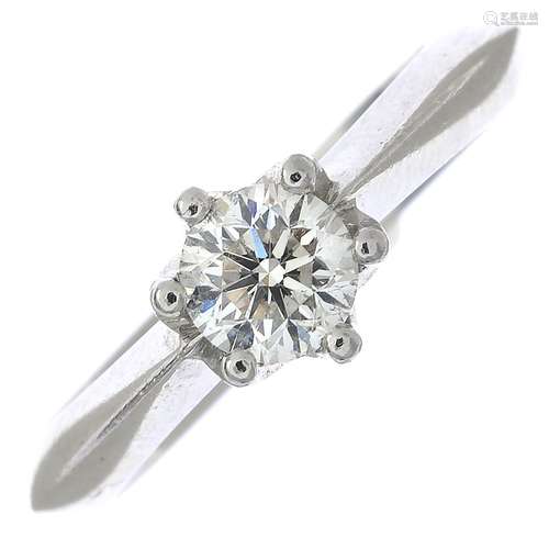 A platinum brilliant-cut diamond single-stone ring.Estimated diamond weight 0.50ct,