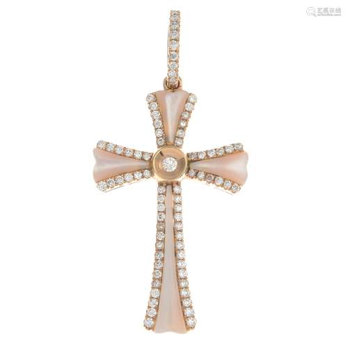 A mother-of-pearl and diamond cross pendant.Estimated total diamond weight 0.40ct.Stamped