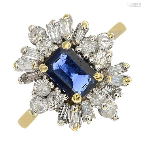 A 14ct gold sapphire and diamond dress ring.Estimated total diamond weight 0.80ct.Hallmarks for