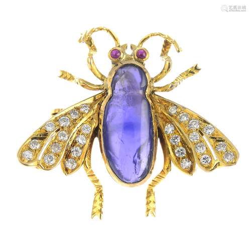 A sapphire, ruby and diamond fly brooch.Sapphire weight 2.37cts.Estimated total diamond weight