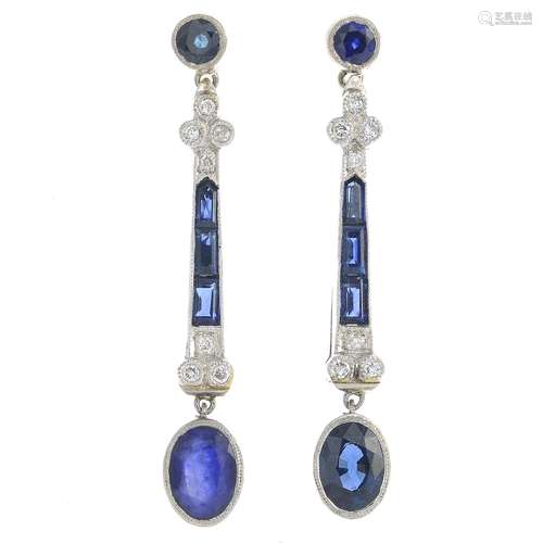 A pair of sapphire and diamond drop earrings.Total sapphire weight 2cts.Estimated total diamond