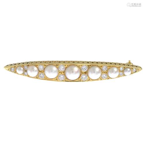 An 18ct gold cultured pearl and diamond brooch.Maker's marks AM.Estimated total diamond weight