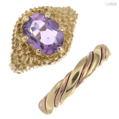 A 9ct gold amethyst ring and a 9ct gold bi-colour ring.Hallmarks for London,