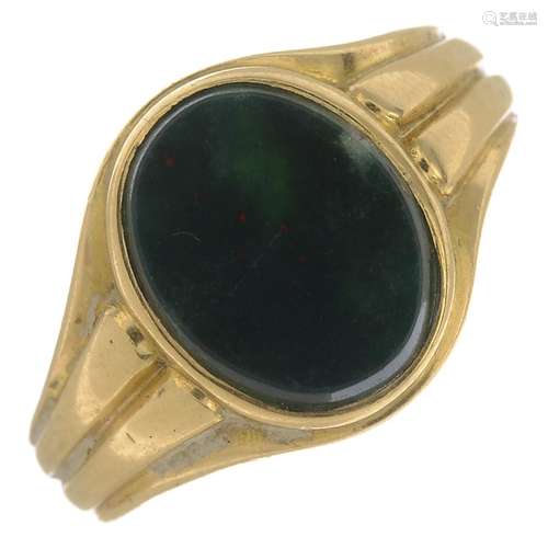 A late Victorian 18ct gold bloodstone ring.Hallmarks for Birmingham.Ring size T.