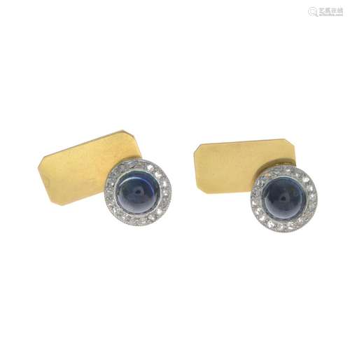 A pair of early 20th century gold sapphire and diamond cufflinks.French marks.Length of cufflink