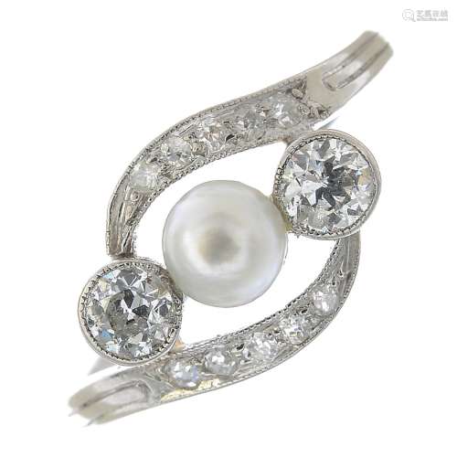 A mid 20th century diamond and cultured pearl dress ring.Estimated total diamond weight 0.40ct,