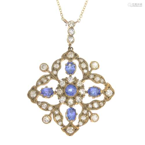 An early 20th century gold diamond and sapphire pendant,