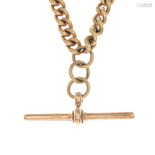 An early 20th century gold albert chain, with later T-bar.Stamped 375 and 9kt.Length 52.5cms.