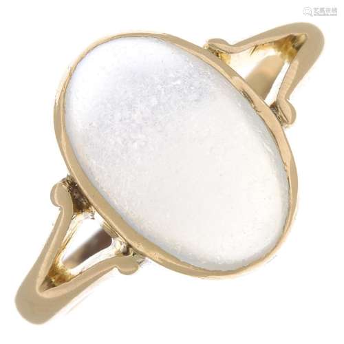 A late Victorian 18ct gold moonstone ring.Moonstone calculated weight 3.34cts,