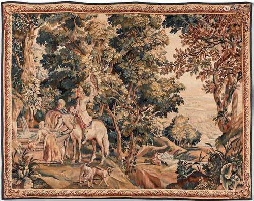 Tapisserie verdure ornée d'un paysage boisé avec f…