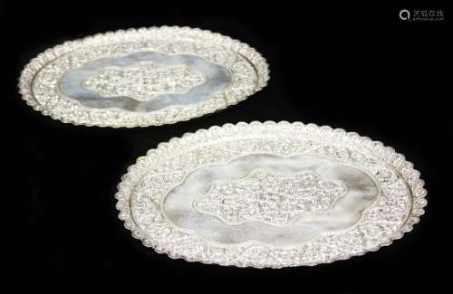 PAIR OF SILVER PLATED SERVING TRAYS, 19TH C.