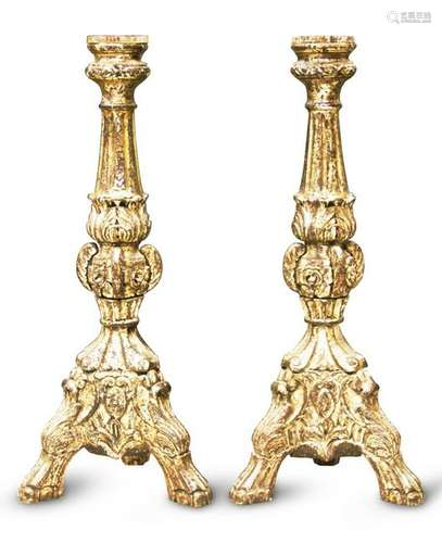 PAIR OF CARVED WOOD SILVERED CANDLESTANDS