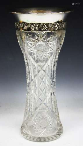 STERLING SILVER & CUT CRYSTAL VASE, 11