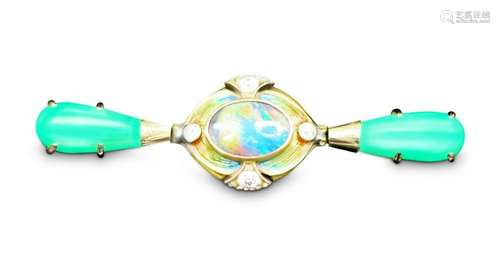 VINTAGE JADE, OPAL DIAMOND 14KT ENAMELED PIN