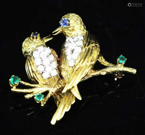 18KT DIAMOND, EMERALD FIGURAL PIN W/ DOVES