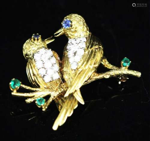 18KT DIAMOND, EMERALD FIGURAL PIN W/ DOVES