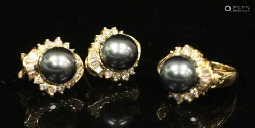 18KT BLACK TAHITIAN PEARL DIAMOND EARRINGS & RING