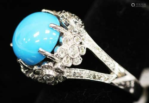 10KT WHITE GOLD TURQUOISE AND DIAMOND RING