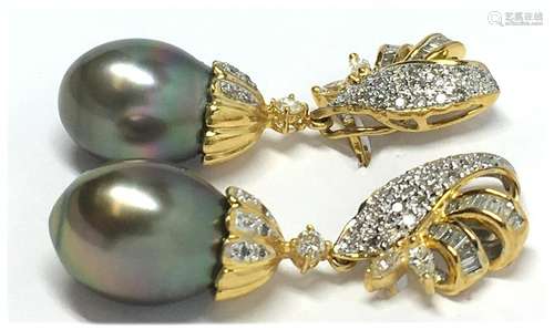 18KT GOLD DROP TAHITIAN PEARL & DIAMOND EARRINGS