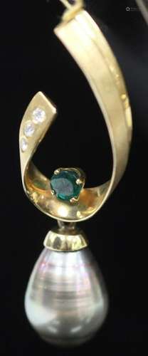 18KT TAHITIAN DROP PEARL,EMERALD,&DIAMOND PENDANT