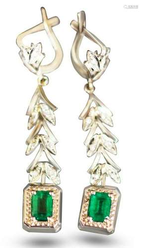 PAIR OF EMERALD & DIAMOND 14KT EARRINGS