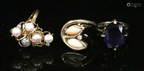 LOT (3) 14KT LADYS RINGS, CORAL, PEARL, AMETHYST