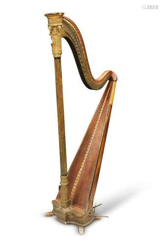 19TH C. HARP WITH INTRICATE CARVING, GESSO