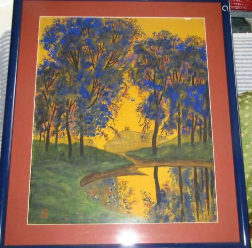 FRAMED PRINT OF BLUE TREES WITH YELLOW BACKGROUND