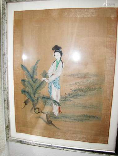 PAINTING OF WOMAN TOUCHING LEAVES, FRAMED