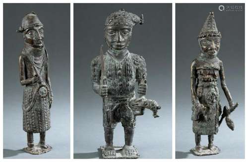 3 Benin Style Brass Figures. 20th c.