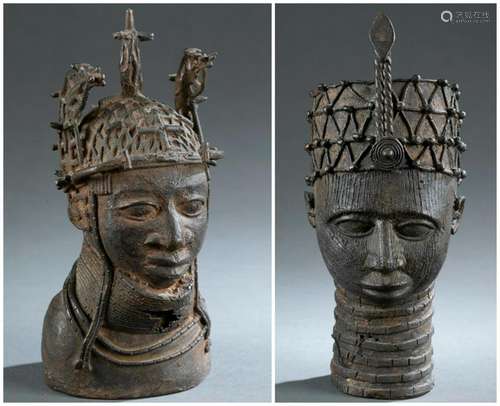 2 Benin Style Brass Heads. 20th c.