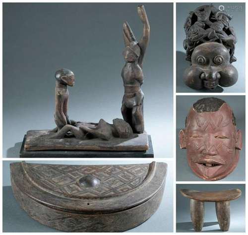 5 African Masks & Utilitarian Objects. 20th c.