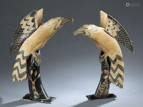 2 Horned Eagle Sculptures. 20th c.