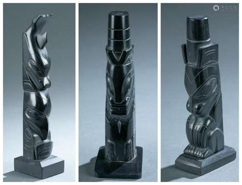 3 Haida Argillite Carved Model Totems. 20th c.