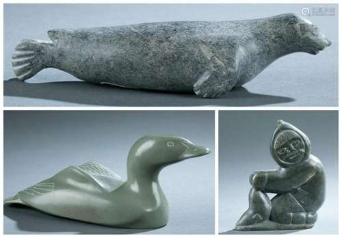 3 Inuit Carved Stone Figures. 20th c.