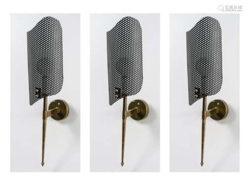Set of Three Brass and Patinated Metal Sconces