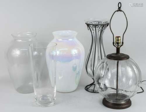 Four Glass Vases and a Table Lamp