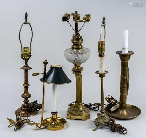 Five Brass Candlestick Lamps