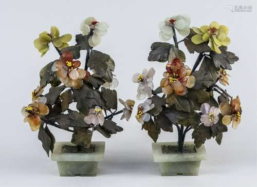 Pair of Carved Jade & Coral Flower Arrangements